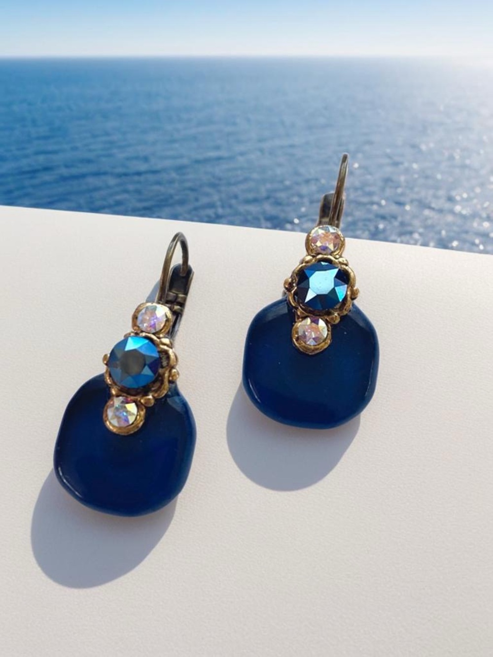 Artisan crafted Deep Blue Sea Glass and Crystal accents Earrings